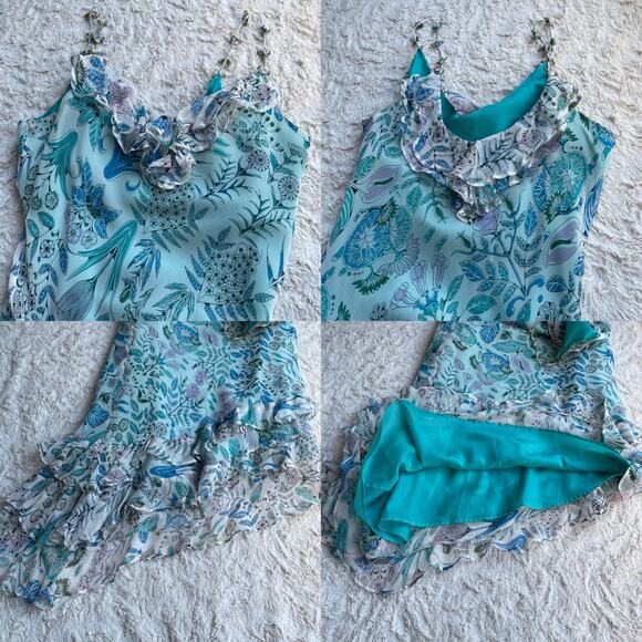 ICE silk floral fairy slip dress rosette straps ruffle asymmetrical vintage Y2K - Picture 12 of 16